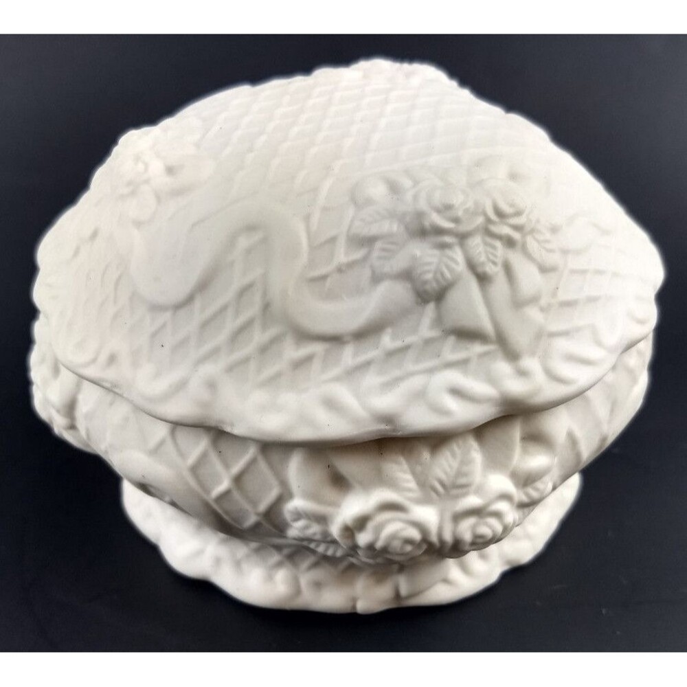 Rose Floral Vanity Box Trinkets Rings or Powder Jar White Stoneware Vintage
